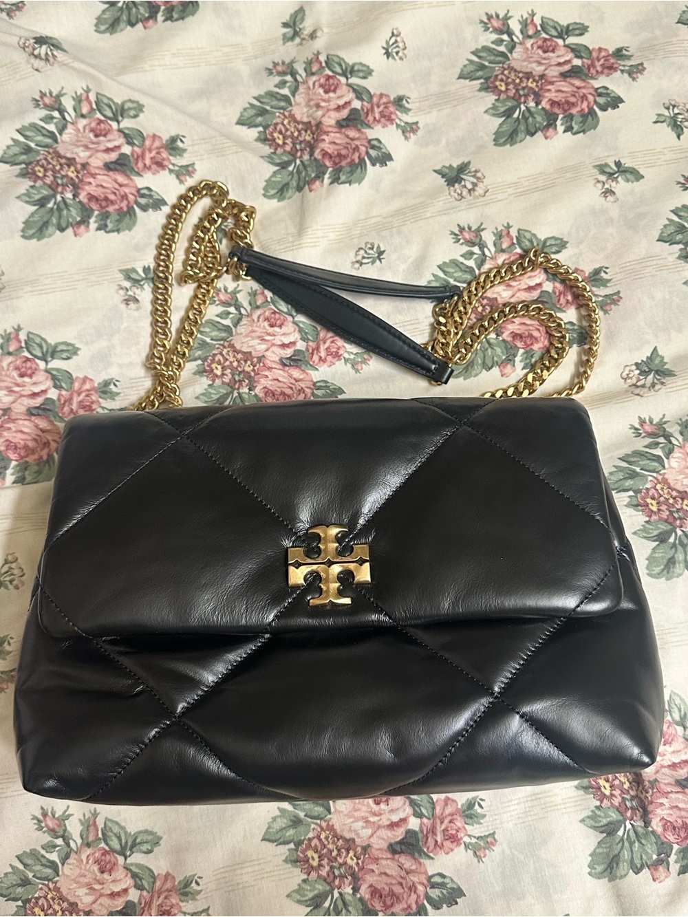 Tory Burch large Kira Black Quilted Leather Shoulder Bag with Gold Chain Strap
